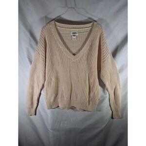 PINK Victoria's Secret V Neck Chunky Knit‎ Sweater Women's Sz L Cream Beige Cozy